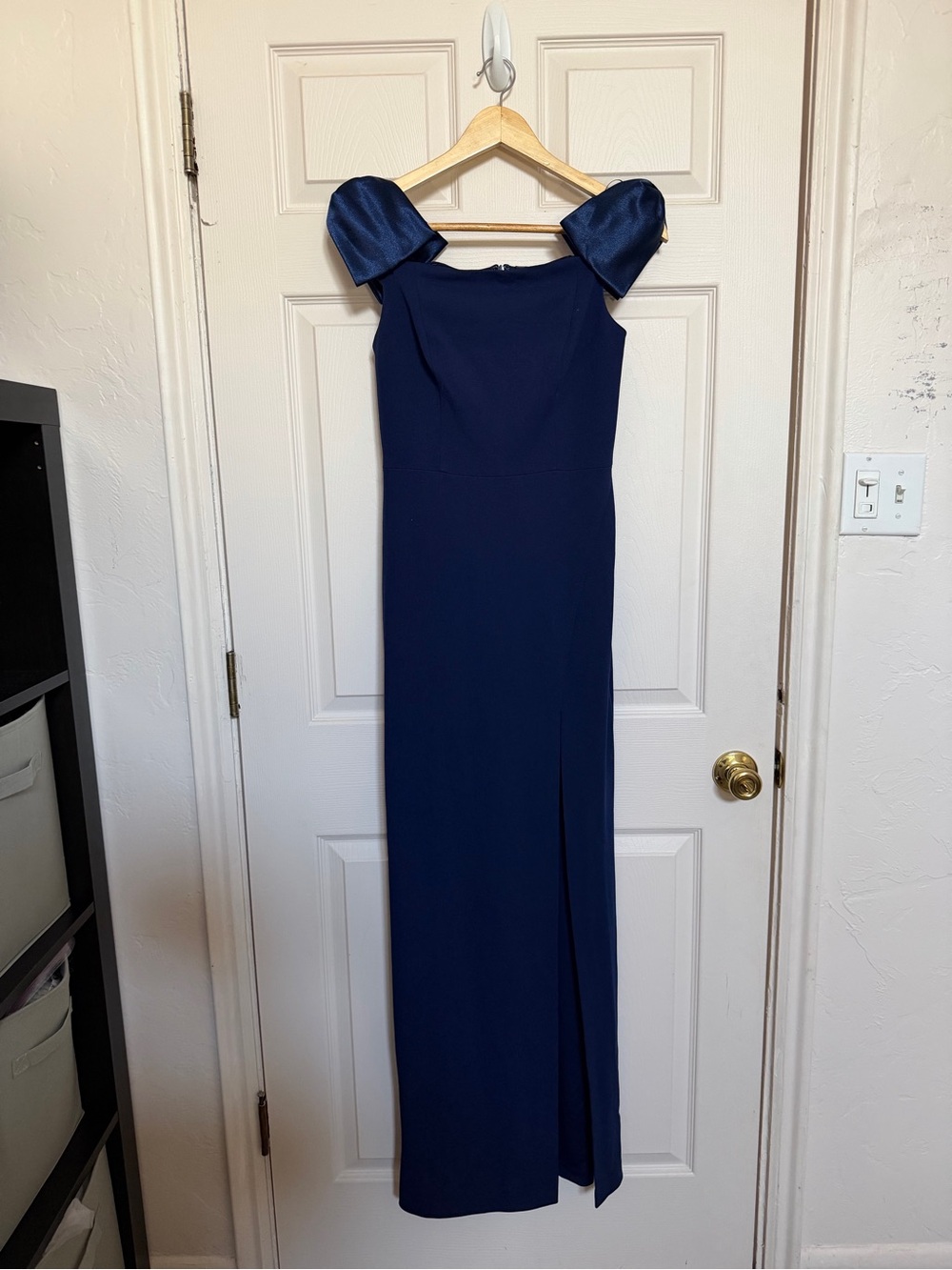 Aidan by Adrianna Papell Elegant Navy Off-Shoulder Evening Gown